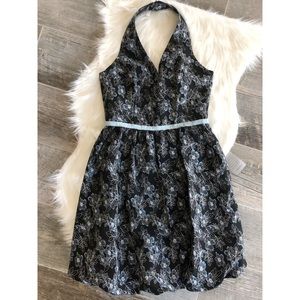 MAGGY LONDON Blue Halter Bubble Hem Floral dress